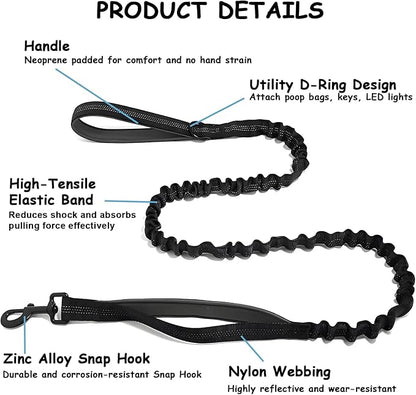 Bungee Dog Leash with Shock Absorption, Dual Handles for Pull Control, Reflective Nylon, Zinc Alloy Hook, D-Ring for Poop Bags, Black, M
