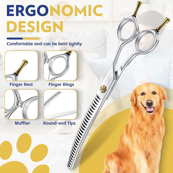JASON 7" Dog Grooming Shears - Professional Down-curved Chunker Shears with 60%-65% Thinning Rate, Japanese 440C Stainless Steel Dog Grooming Chunkers with Adjustable Screw (28 Teeth, Silver) Gift