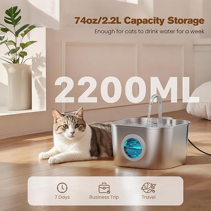 Cat Water Fountain Stainless Steel: Pet Fountains with 10 Filters + 10 Sponges 2.2L Cats Automatic Waterer Bowls for Drinking Small Dog Water Dispenser Indoor HOOISE Metal Kitty Watering Silent