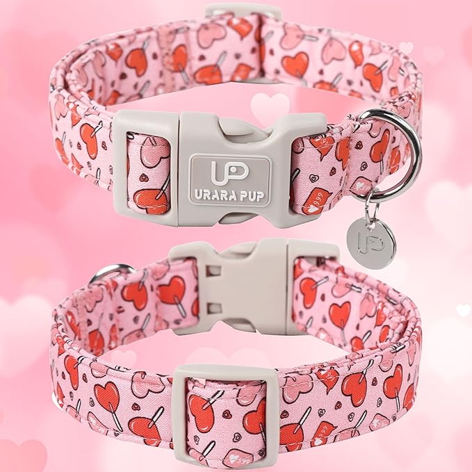 UP URARA PUP Valentine’s Day Dog Collar, Pink Heart Dog Collar with Quick Release, Valentine’s Day Gift Pet Collar for Puppy Girl Boy Dog, Wedding Dog Collar