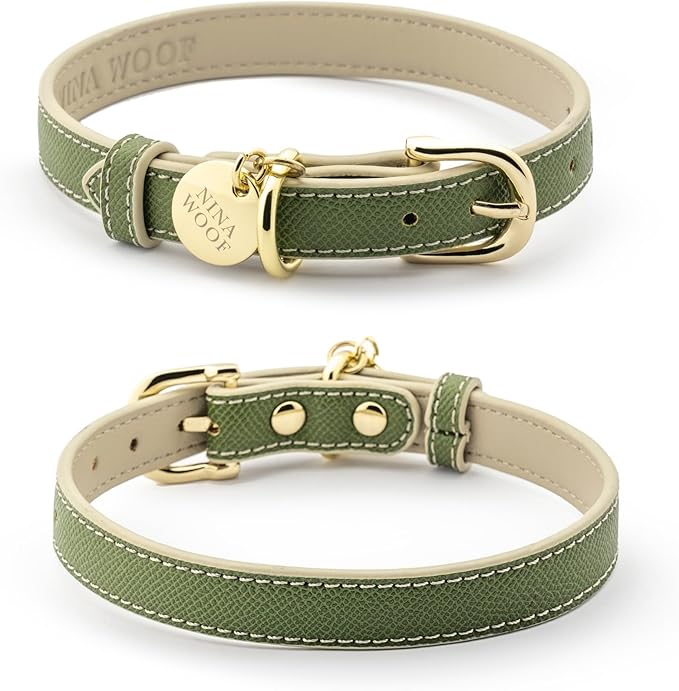NINA WOOF Copenhagen Leather Dog Collar - Handmade with Vegan Soft Leather Round Padded Collar with Adjustable Buckle for Dogs - Color Olive, Medium