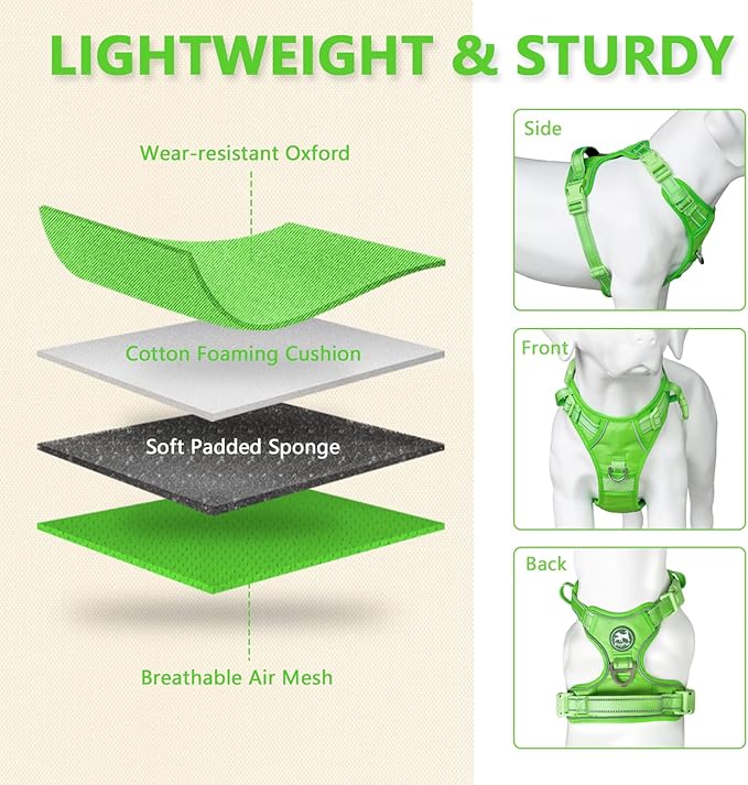 PoyPet No Pull Dog Harness, No Choke Reflective Dog Vest, Adjustable Pet Harnesses with 2 Leash Attachments with Easy Control Padded Handle for Small Medium Large Dogs(Green Matching Trim,XL)