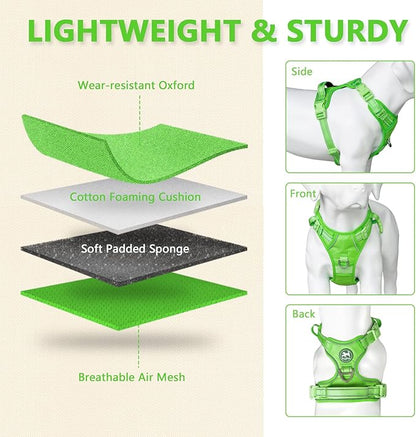 PoyPet No Pull Dog Harness, No Choke Reflective Dog Vest, Adjustable Pet Harnesses with 2 Leash Attachments with Easy Control Padded Handle for Small Medium Large Dogs(Green Matching Trim,XL)