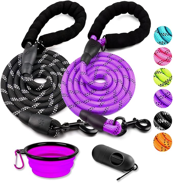COOYOO 2 Pack Dog Leash 4 FT Heavy Duty - Comfortable Padded Handle - Reflective Dog Leash for Medium Large Dogs with Collapsible Pet Bowl Set 3-Black+Purple