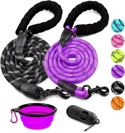COOYOO 2 Pack Dog Leash 4 FT Heavy Duty - Comfortable Padded Handle - Reflective Dog Leash for Medium Large Dogs with Collapsible Pet Bowl Set 3-Black+Purple