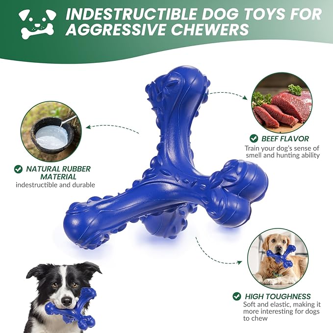 CVALIN Dog Chew Toys for Aggressive Chewers Large Breed,Indestructible Bones Toy，Durable Cleaning Toothbrush Natural Rubber Dog Toys… (Deep Blue)