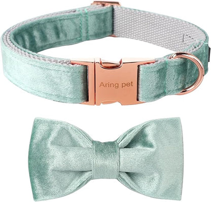 ARING PET Velvet Dog Collars with Bow tie, Dog Bowtie Collar, Adjustable Green Dog Collar,Small.