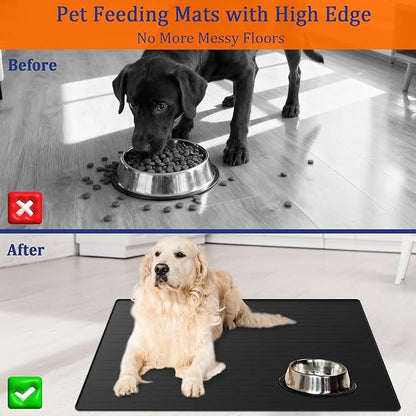 31.8"x23.8" Extra Large Pet Food Mat, Silicone Dog Mats for Food and Water, XL Nonslip Pet Feeding Mats for Floors,Dog Cat Bowl Mat with Raised Edges, Black