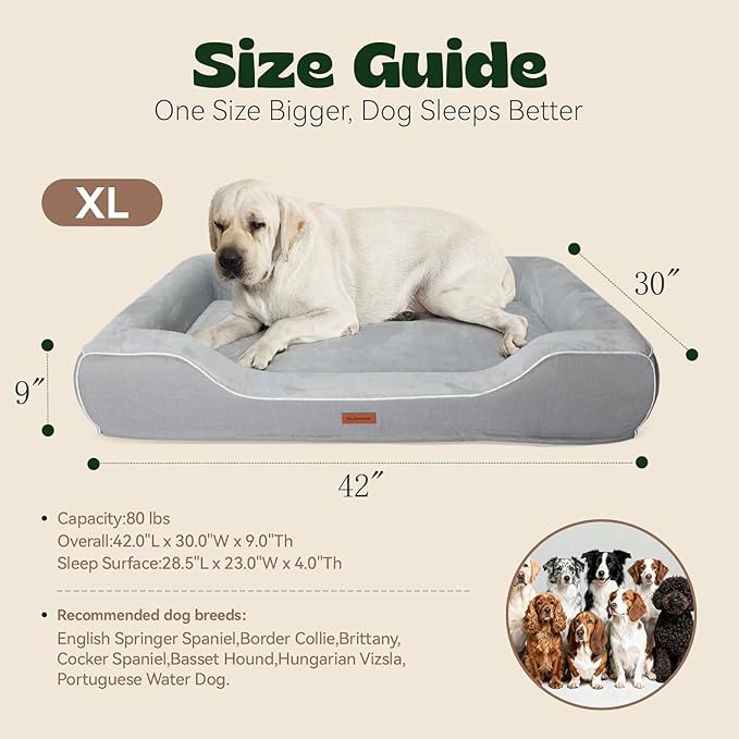 42 Inch XL Orthopedic Dog Bed for Large Dogs Up to 80lbs,Cooling Gel Memory Foam Dog Couch Bed with 4-Sided Bolster,Waterproof Washable Cover,Non-Slip Bottom,Grey