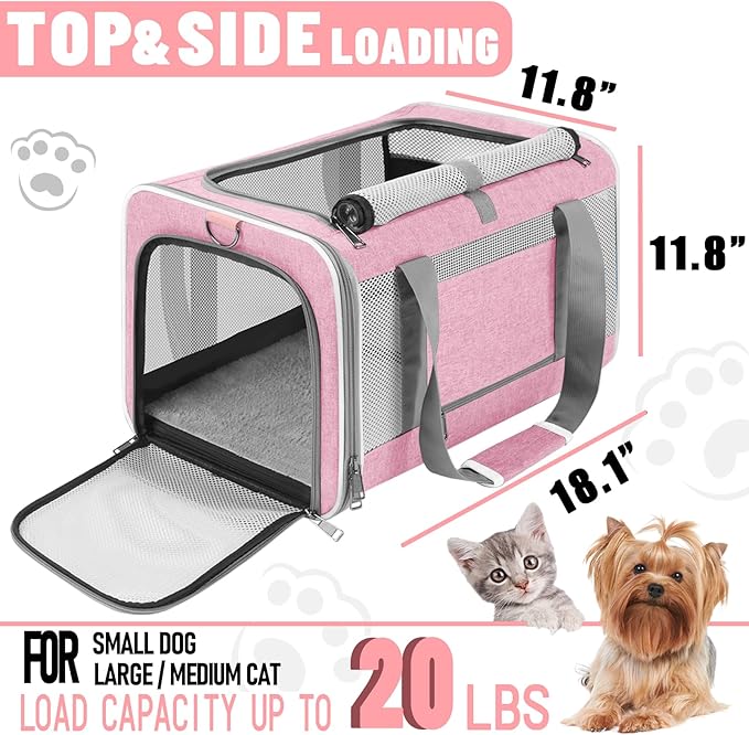 GAPZER Cat Carrier 20lbs Top Open/Soft Sided Small Pet Dog Travel Carrying Crate/Collapsible Puppy Transport Carry Bag/Sturdy Pet Cages Chihuahuas Mini Dog 10lbs Pink