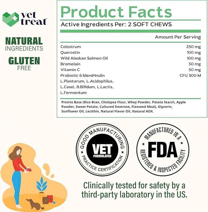 Vet Treat Dog Allergy Relief Chews - 170 Dog Allergy Chews - Itch Relief for Dogs - Anti Itch for Dogs - Dry & Itchy Skin - Allergies & Immune Support Supplement, Omega 3 Fish Oil, Colostrum - USA