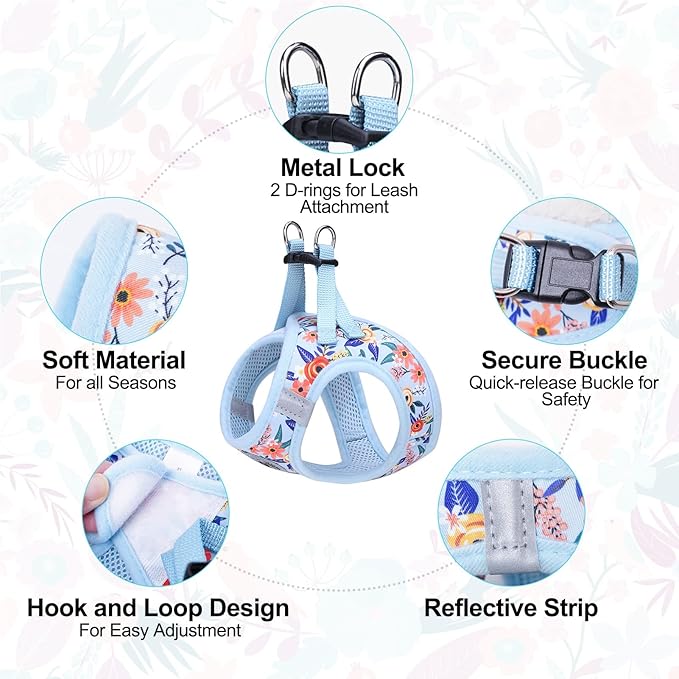 BEAUTYZOO Step in Dog Harness and Leash Set, Floral Pattern Reflective No Pull No Choke Puppy Harness for Small Medium Large Dogs Cats, Soft Padded Mesh Vest Harnesses for Girl and Boy Pets