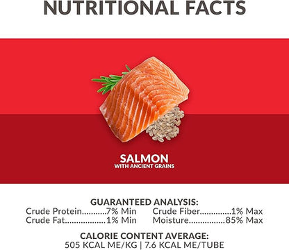 Wild Eats Simply Puree Salmon with Ancient Grains Tub for Cats | 48 Individual Servings | High-Protein, Grain-Enriched Cat Treat | All-Natural, No Artificial Additives | Smooth and Delicious Puree