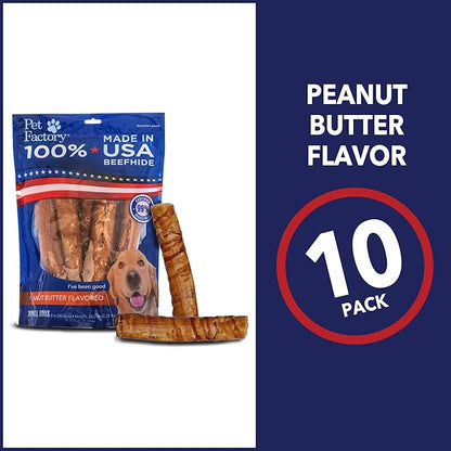 Pet Factory 100% Made in USA Beefhide 8" Rolls Dog Chew Treats - Peanut Butter Flavor, 10 Count/1 Pack