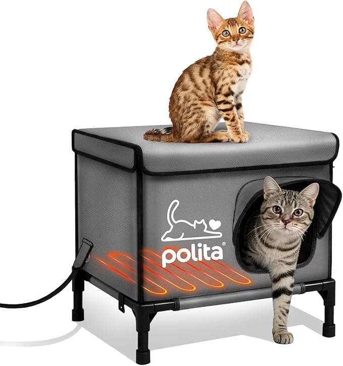 Polita Indestructible Heated Cat House for Outdoor Cats in Winter, Extremely Insulated & 100% Weatherproof, Elevated Feral Cat Shelter with Waterproof Eaves & Safe Escape Door for Stray & Barn Cats