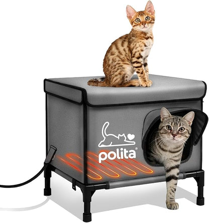 Polita Indestructible Heated Cat House for Outdoor Cats in Winter, Extremely Insulated & 100% Weatherproof, Elevated Feral Cat Shelter with Waterproof Eaves & Safe Escape Door for Stray & Barn Cats