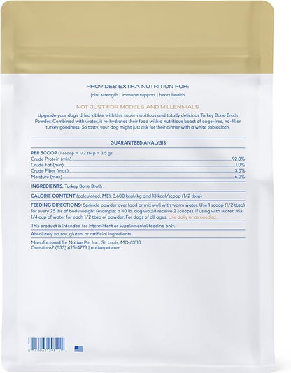 Native Pet Bone Broth for Dogs and Cats - Turkey Bone Broth Powder Dog Food Toppers for Picky Eaters - Provides Extra Nutrition for Joint Strength, Immune Support & Heart Health - 192 Scoops