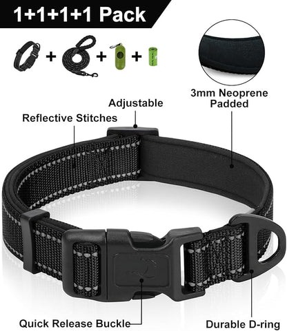 Dynmeow Reflective Dog Collar and Leash Set, 6FT Strong Climbing Rope Leash with Padded Handle, Adjustable Pet Collar with Soft Neoprene Padding for Small Medium Dogs, Black, S