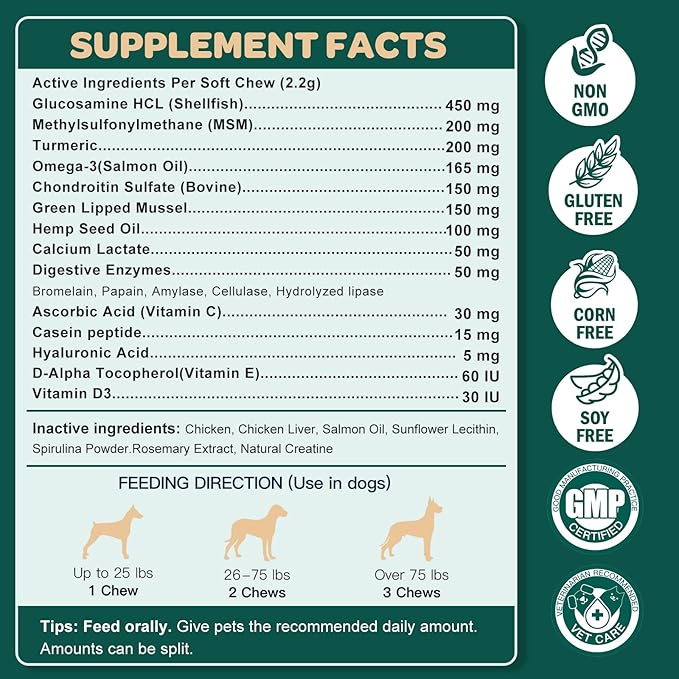 Glucosamine for Dogs, Hip and Joint Supplement for Dogs with Chondroitin, MSM, Turmeric, Omega-3 & Calcium, Dog Glucosamine Supports Pain Relief, Mobility & Comfort, Chicken Flavor, 120 Soft Chews