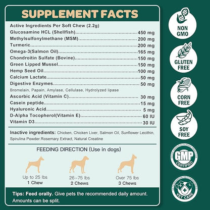 Glucosamine for Dogs, Hip and Joint Supplement for Dogs with Chondroitin, MSM, Turmeric, Omega-3 & Calcium, Dog Glucosamine Supports Pain Relief, Mobility & Comfort, Chicken Flavor, 120 Soft Chews