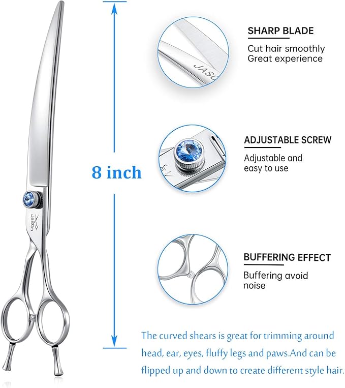 JASON 8" Curved Dog Grooming Scissors Ergonomic Pets Cats Trimming Shears with Offset Handle and a Jewelled Screw for Right Handed Groomers Long Sharp Comfortable Christmas Gift