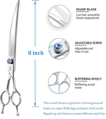 JASON 8" Curved Dog Grooming Scissors Ergonomic Pets Cats Trimming Shears with Offset Handle and a Jewelled Screw for Right Handed Groomers Long Sharp Comfortable Christmas Gift