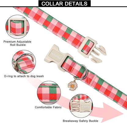 Lionet Paws SpringDog Collar- Red Pink Green Plaid Dog Collars with Plastic Buckle and Daisy Pendant, Light Winter Dogs Collar for Small Medium Dogs