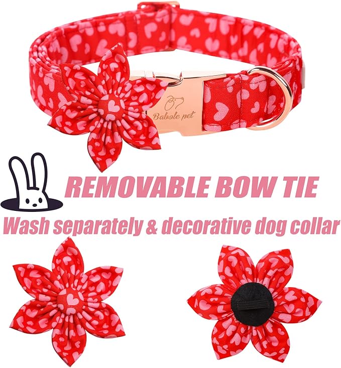 Valentine's Day Dog Collar with Flower Tie, Pink Red Love Male Dog Collar with Safety Metal Buckle Adjustable Puppy Collars for Small Medium Large Boy & Girl Dog,M-Neck 13.5"-22"