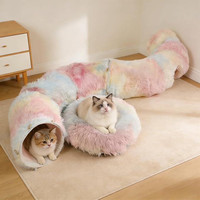 Cat Tunnel with Cat Bed for Indoor Cats, Under Christmas Tree Soft Plush Peekaboo Cat Cave Donut Tunnel, Multifunctional Playground Toys Hideplace for Kittens, Rabbit, Ferret