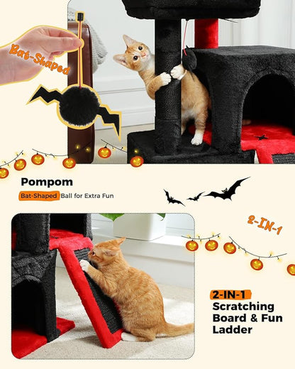 PAWZ Road Gothic Cat Tree, 30 Inches Black Cat Tower with Dual Condos for Indoor Cats, Spooky Cat House with Padded Perch, Scratching Ramp and Posts and Bat Toys