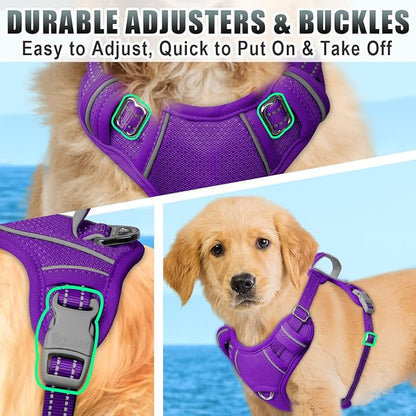 BARKBAY No Pull Dog Harness Large Reflective Dog Harness with Front Clip and Easy Control Handle for Walking Training Running with ID tag Pocket(Purple,XS)