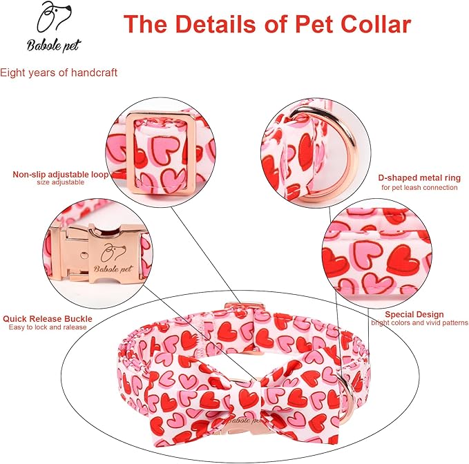 Valentines Dog Collar with Bow - Cute Red Pink Hearts Valentine Bowtie Dog Collars, Adjustable Metal Buckle Male Female Dogs Collar for Small Medium Large Dogs XL