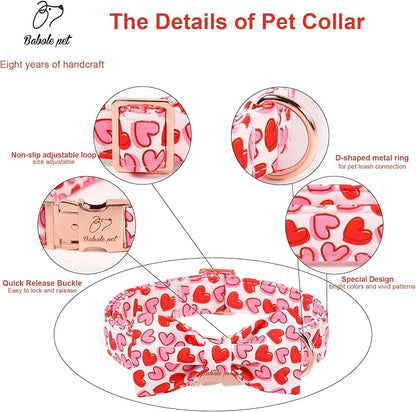 Valentines Dog Collar with Bow - Cute Red Pink Hearts Valentine Bowtie Dog Collars, Adjustable Metal Buckle Male Female Dogs Collar for Small Medium Large Dogs XL