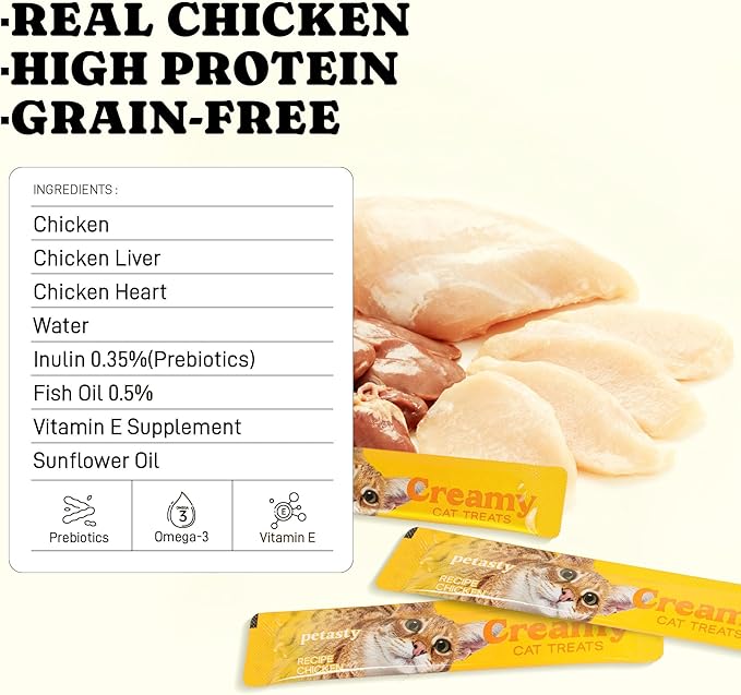 PETASTY Squeezable Stick Lickable Cat Treats, Grain-Free, Chicken Soft Creamy Puree with Vitamin E, High Protein Wet Cat Treat, No Artificial Additives for Daily Interactive Training Reward, 20 Tubes