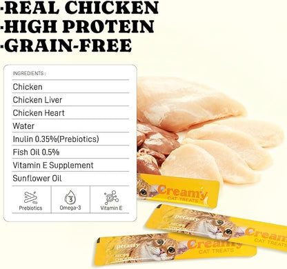 PETASTY Squeezable Stick Lickable Cat Treats, Grain-Free, Chicken Soft Creamy Puree with Vitamin E, High Protein Wet Cat Treat, No Artificial Additives for Daily Interactive Training Reward, 20 Tubes