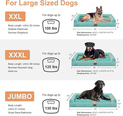 Large Dog Bed Orthopedic Washable: Jumbo Dog Bed Bolster Extra Large Dogs Egg Crate Foam Sofa Couch Waterproof Removable Cover - Aqua Blue