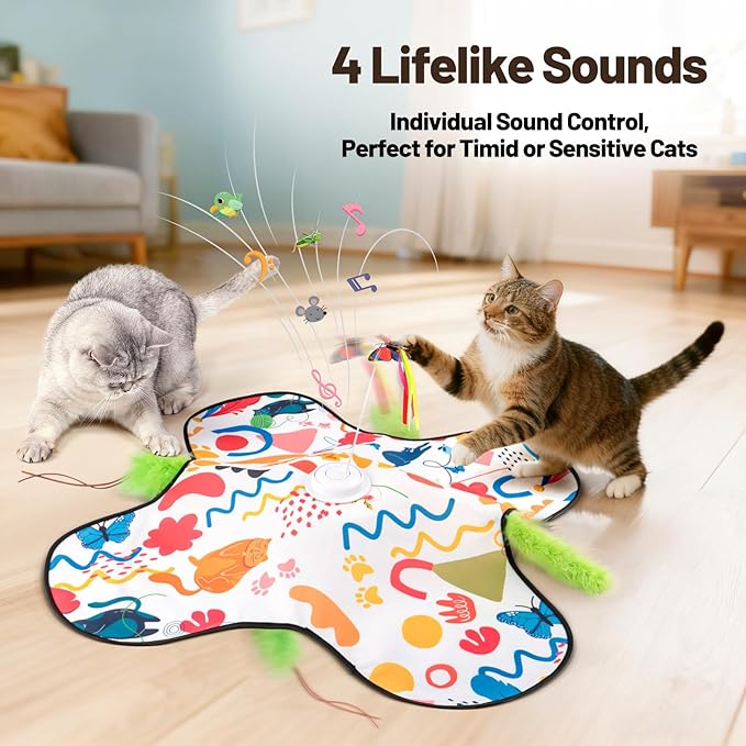 Interactive Cat Toys, Automatic Hide and Seek Cat Toys for Indoor Cats with 4 Lifelike Sounds, Touch Activated, Motorized Wand Feather, and Moving Butterfly for Bored Adult Kitten Cats