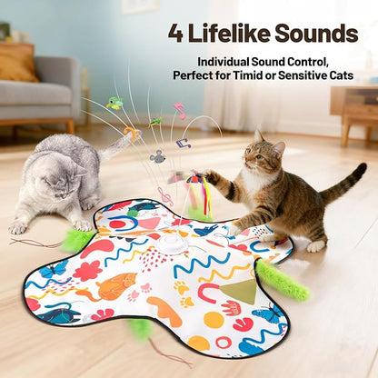 Interactive Cat Toys, Automatic Hide and Seek Cat Toys for Indoor Cats with 4 Lifelike Sounds, Touch Activated, Motorized Wand Feather, and Moving Butterfly for Bored Adult Kitten Cats