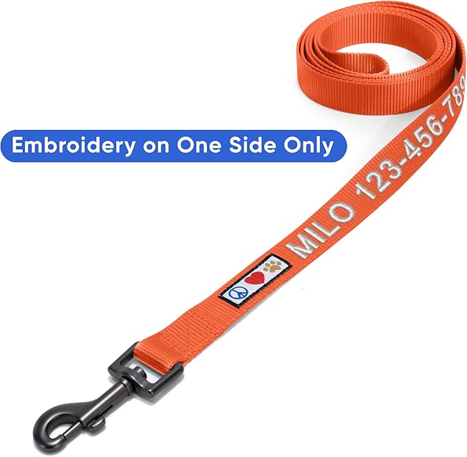 Pawtitas Personalized 6 ft Orange Dog Leash XS/S Custom Name and Phone Embroidery Strong Nylon Leash for Small Breeds