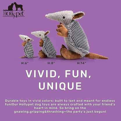Hollypet Plush Dog Squeaky Toy Stuffed Armadillo Animal Pet Puppy Chew Toys with Clean Teeth for Small Medium Large All Breed Sizes Dogs, Dark Gray, 14 in