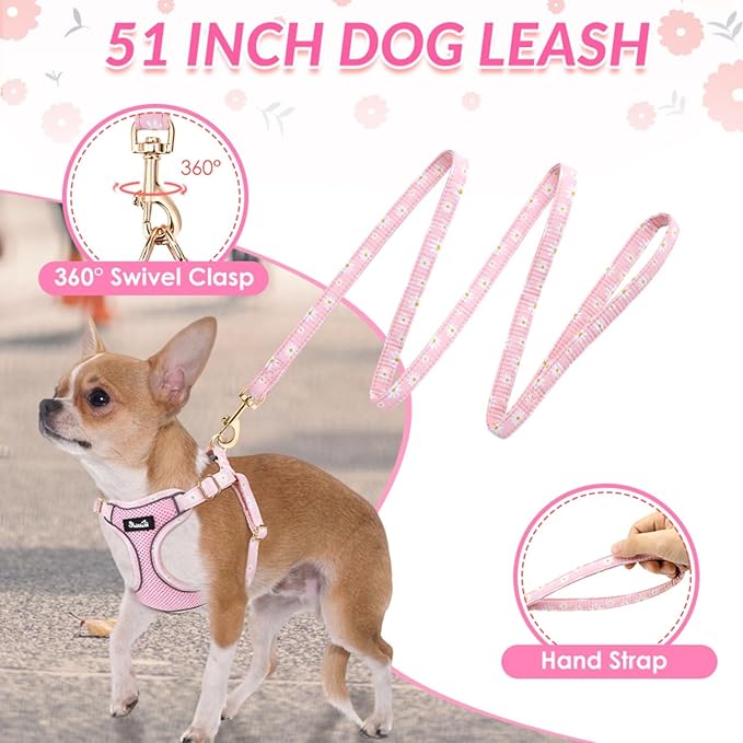 SlowTon Small Dog Harness - No Pull Dog Harness and Leash Set, Soft Mesh Lightweight Puppy Vest Harnesses, Adjustable Pet Harnesses for XXS XS Small Medium Easy Walk Hiking (Pink, XS)