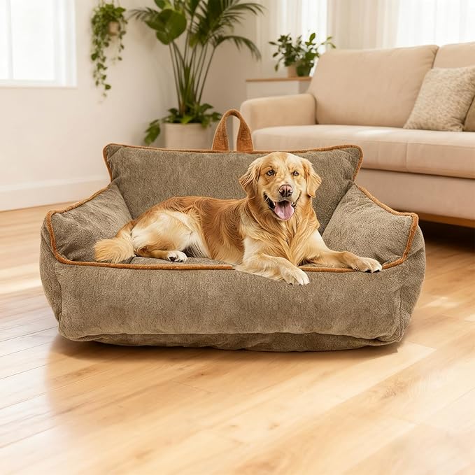 RAFASAFA Large Orthopedic Dog Sofa Bed with Sides, Carry Handle & Side Pockets .Plush Chenille Orthopedic Pet Bed Couch for Large Dogs.Portable Snuggler for Indoor Use, Travel & Recovery(Brown)
