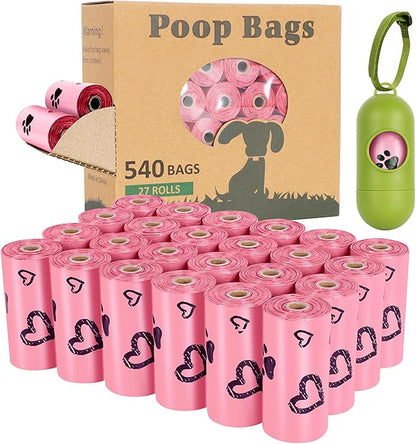 Dog Poop Bag Rolls Pink: 540 Count Dog Waste Bags with Dispenser, Extra Thick Strong Leak proof Poop Bags for Dogs Doggy | Unscented