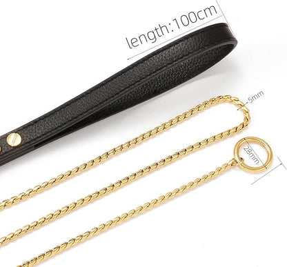 CaptainSteeL Stainless Steel Dog Leash and Collar, 3ft/4ft, 5mm 1m/1.2m Metal, Leather Handle