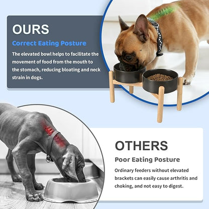 SPUNKYJUNKY Ceramics Elevated Dog Bowls with Wooden Stand Raised Dog Bowl for Medium Large Dog Food and Water Pet Feeding Bowl(Double 60OZ Bowls,Black)