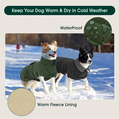 Kuoser Dog Jacket Warm Fleece Lined Dog Coats for Small Dogs, Waterproof Pet Coat Reflective Puppy Snowsuit with Harness Hole for Cold Weather Walking Hiking, Quilted Dogs Winter Vest, Green, S