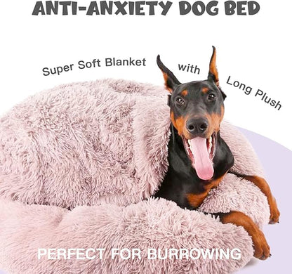 Himax Dog Beds for Large Dogs, Donut Dogs Beds with Blanket Attached, Calming Dog Bed Washable (20"/26"/35") Beige