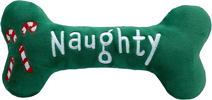 Huxley & Kent Funny Dog Toy w/Squeaker – Holiday Power Plush Squeaky Dog Toys for Small, Medium & Large Dogs – Soft Stuffed Animal for Indoor Play & Fetch - Naughty Nice Bone, Small