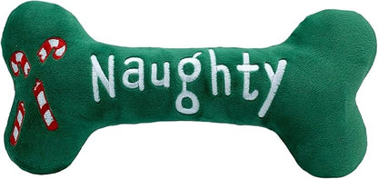 Huxley & Kent Funny Dog Toy w/Squeaker – Holiday Power Plush Squeaky Dog Toys for Small, Medium & Large Dogs – Soft Stuffed Animal for Indoor Play & Fetch - Naughty Nice Bone, Small