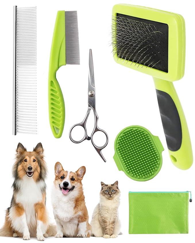 KUEIOX Dog Brush for Shedding Grooming,6 Pack Long-Pin Brush Set for Long Haired Dog Cat Goldendoodles Poodles Doodles Green